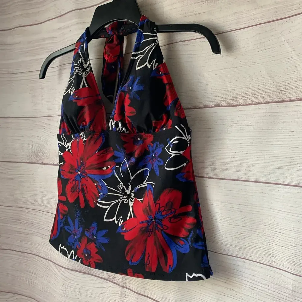 Catalina Floral Halter Tankini Swimsuit Top Red White Blue Size S (4-6)